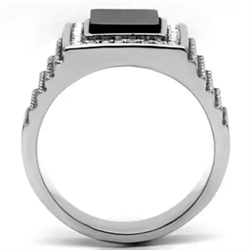 TK592 - High polished (no plating) Stainless Steel Ring with Synthetic Synthetic Stone in Jet - Alamode - Flyclothing LLC