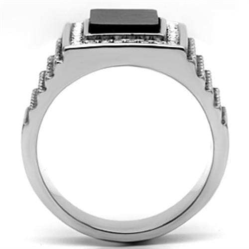 TK592 - High polished (no plating) Stainless Steel Ring with Synthetic Synthetic Stone in Jet - Alamode - Flyclothing LLC