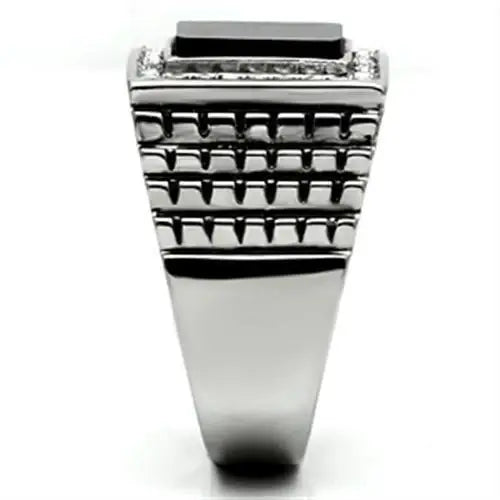 TK592 - High polished (no plating) Stainless Steel Ring with Synthetic Synthetic Stone in Jet - Alamode - Flyclothing LLC
