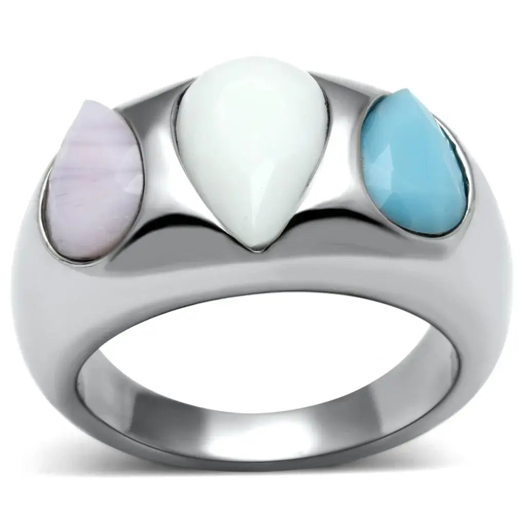 TK690 - High polished (no plating) Stainless Steel Ring with Synthetic Synthetic Glass in Multi Color - Alamode - Flyclothing LLC