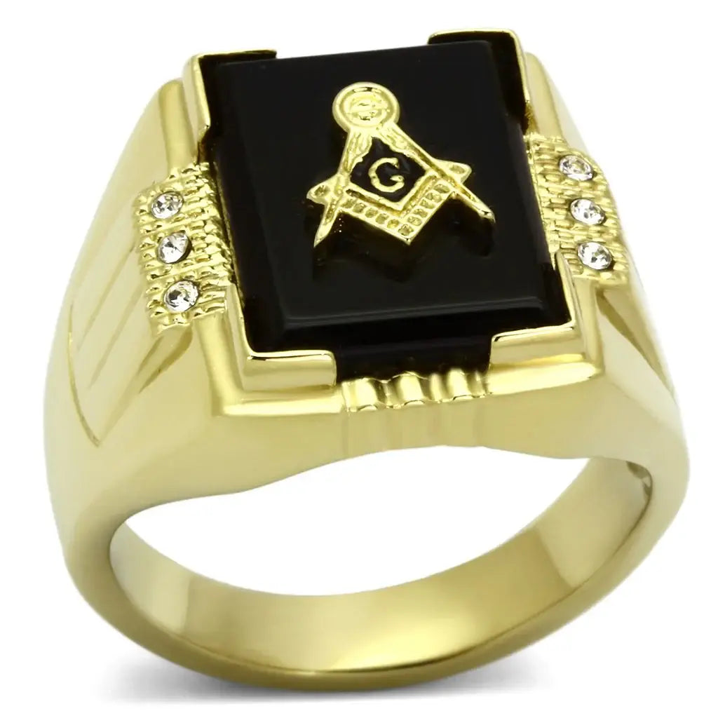 TK795 - IP Gold(Ion Plating) Stainless Steel Ring with Semi-Precious Agate in Jet - Alamode - Flyclothing LLC