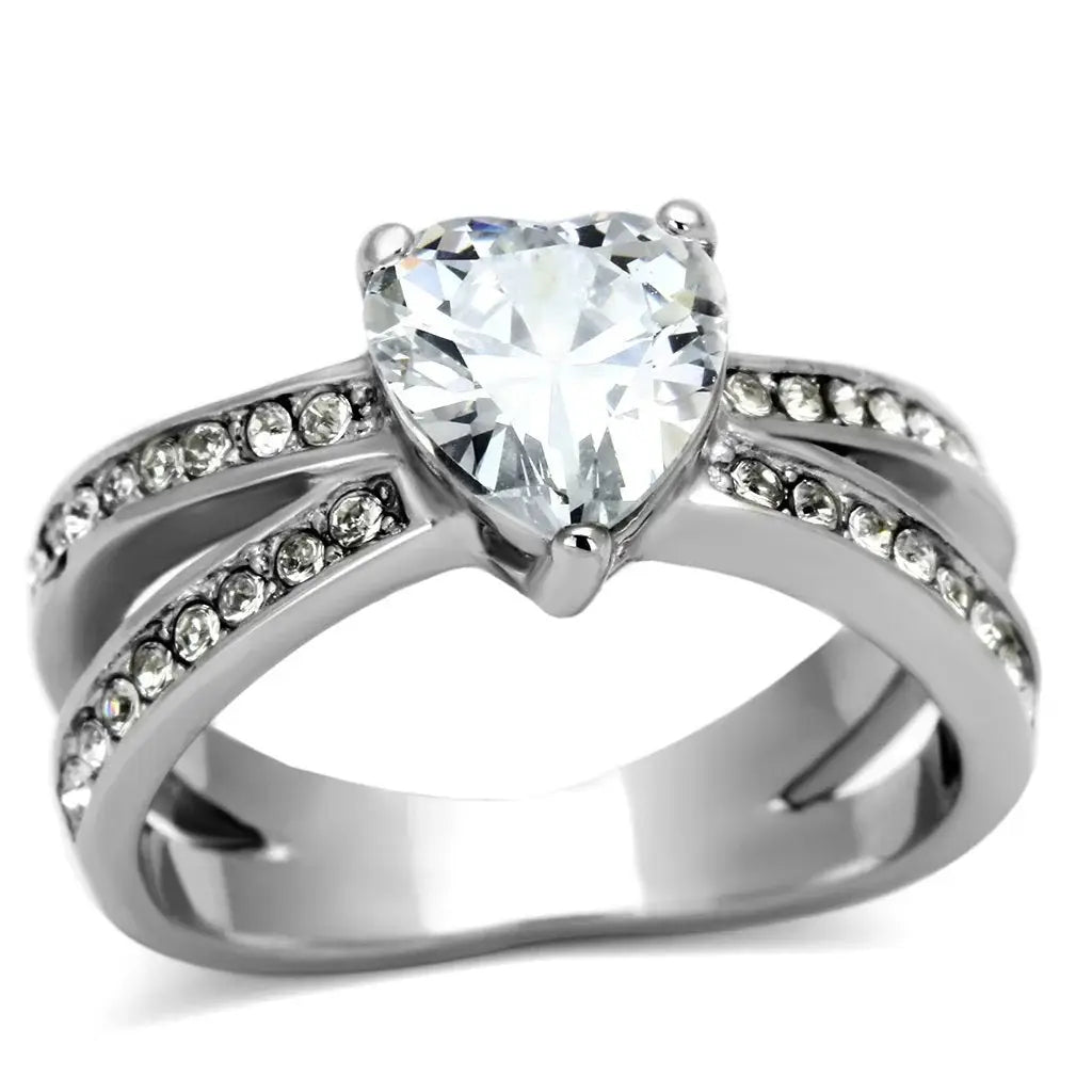 TK851 - High polished (no plating) Stainless Steel Ring with AAA Grade CZ in Clear - Alamode - Flyclothing LLC