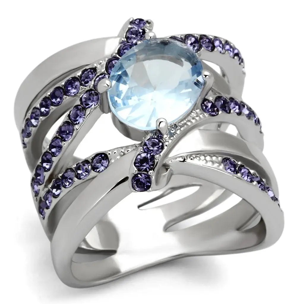 TK865 - High polished (no plating) Stainless Steel Ring with Synthetic Synthetic Glass in Light Sapphire - Alamode - Flyclothing LLC