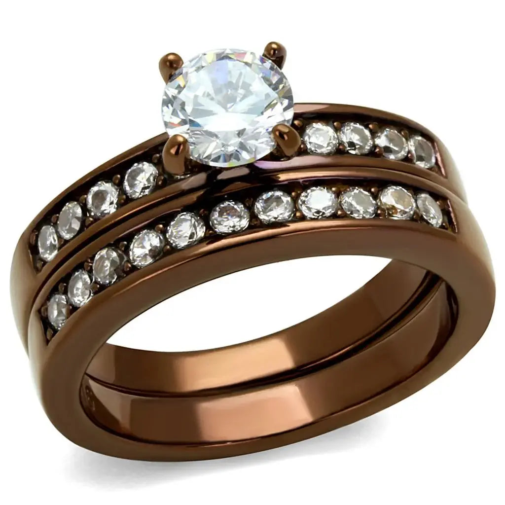TK8X003LC - IP Coffee light Stainless Steel Ring with AAA Grade CZ in Clear - Alamode - Flyclothing LLC