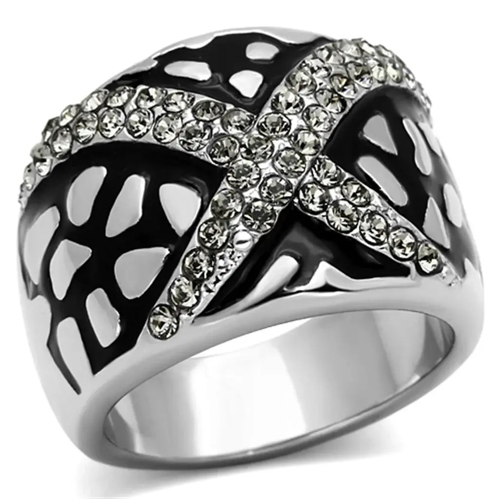 TK921 - High polished (no plating) Stainless Steel Ring with Top Grade Crystal in Black Diamond - Alamode - Flyclothing LLC