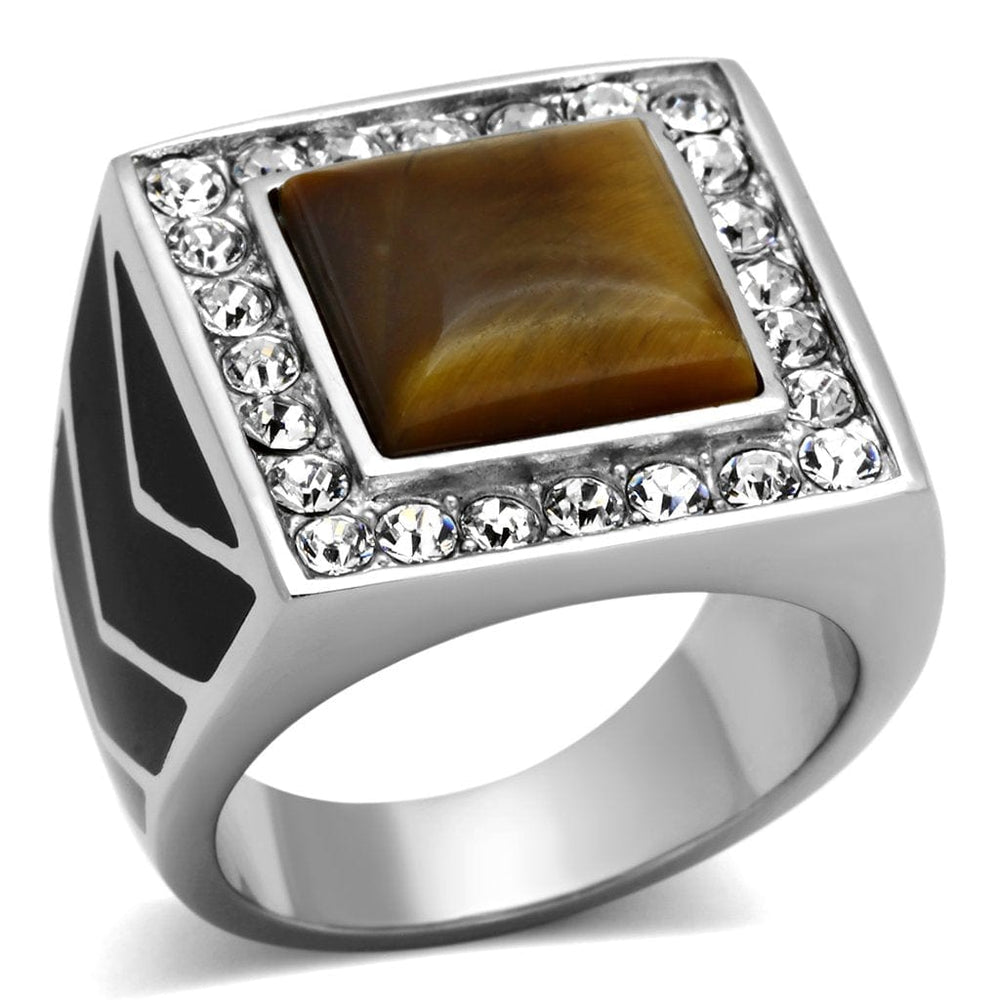 TK938 - High polished (no plating) Stainless Steel Ring with Synthetic Tiger Eye in Topaz - Alamode