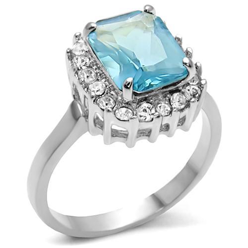 TK9X041 - High polished (no plating) Stainless Steel Ring with Synthetic Synthetic Glass in Sea Blue - Alamode