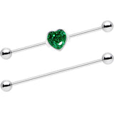 14G Green Glitter Heart Industrial Barbell 38mm Set of 2 - BodyCandy - Flyclothing LLC