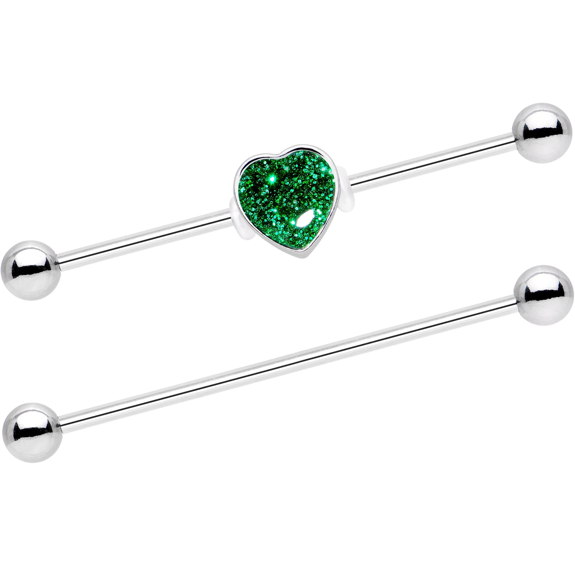 14G Green Glitter Heart Industrial Barbell 38mm Set of 2 - BodyCandy - Flyclothing LLC