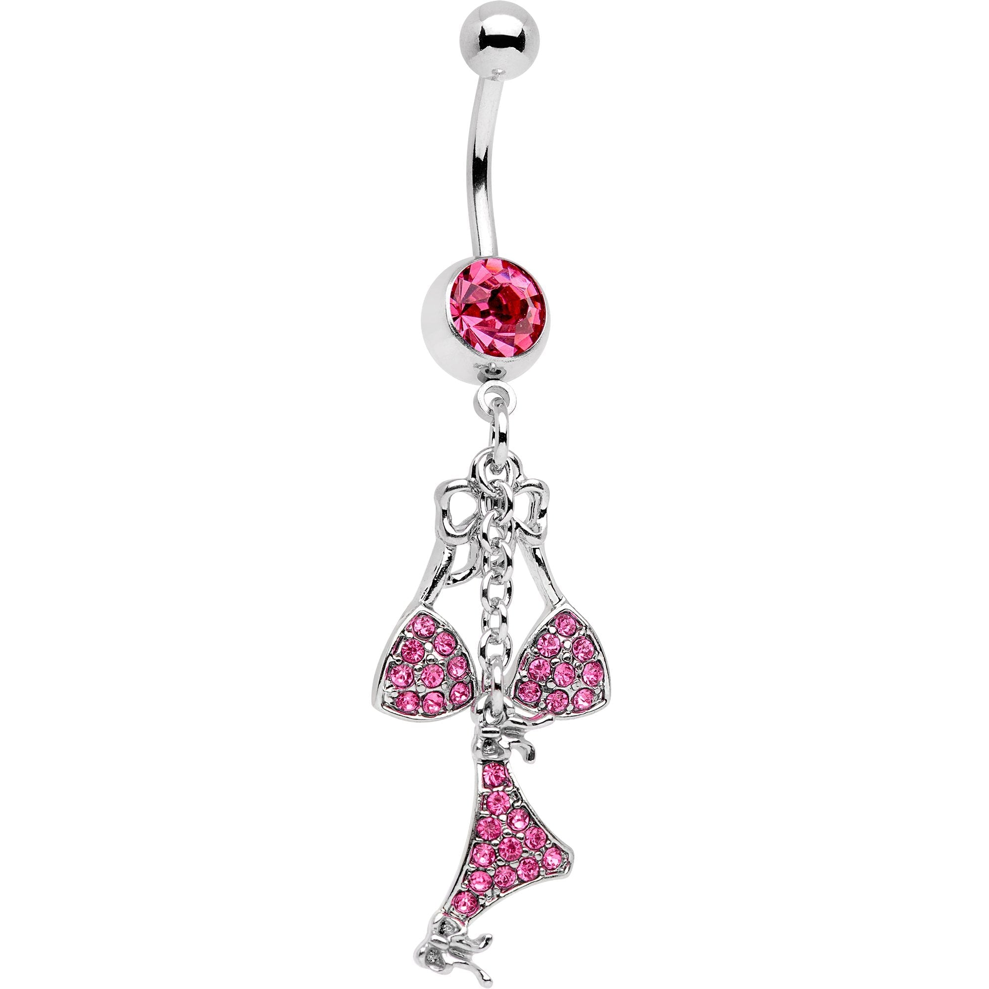 Pink Gem Unraveled Bow Dangle Belly Ring - BodyCandy - Flyclothing LLC