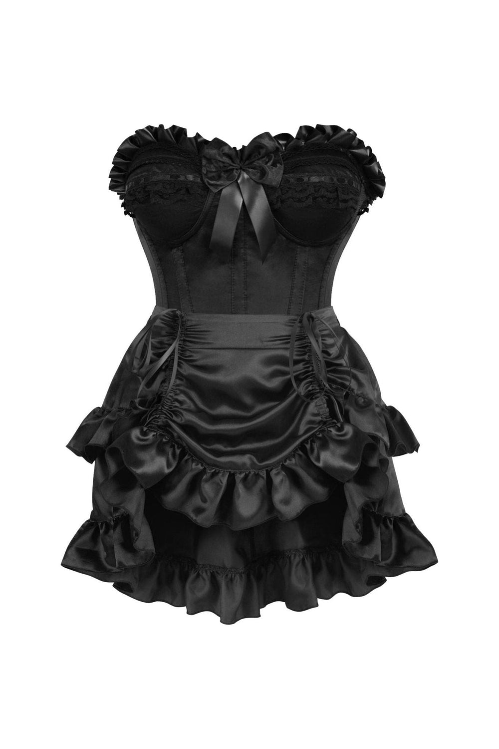 Daisy Corsets Top Drawer 2 PC Black Satin Steel Boned Burlesque Corset & Black Satin Skirt Set
