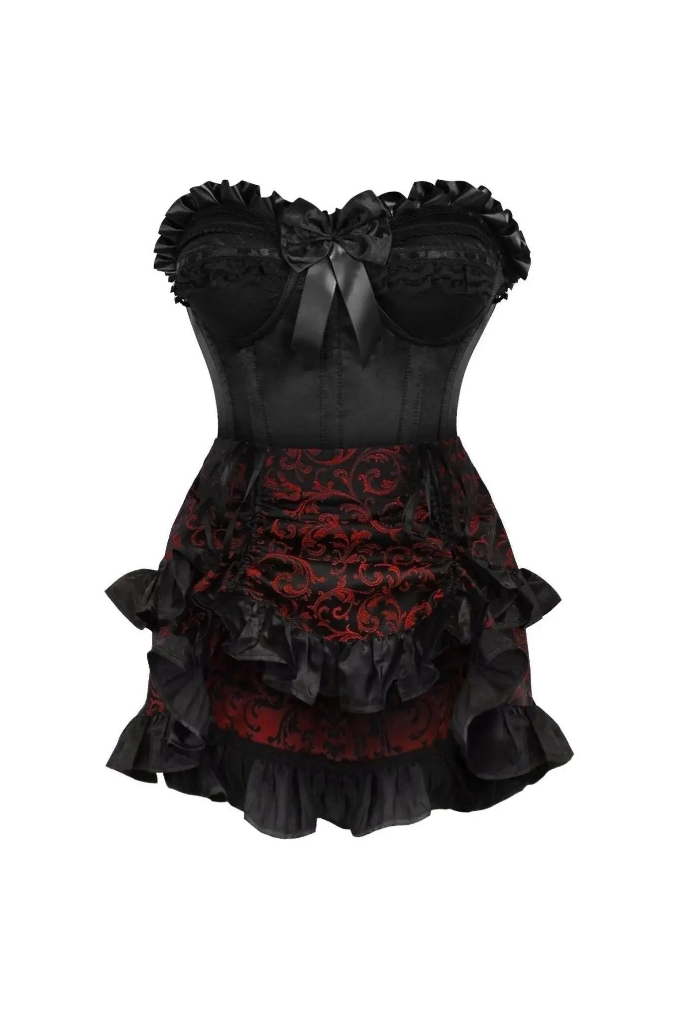 Daisy Corsets Top Drawer 2 PC Black Satin Steel Boned Burlesque Corset & Gold Brocade Skirt Set - Daisy Corsets - Flyclothing LLC