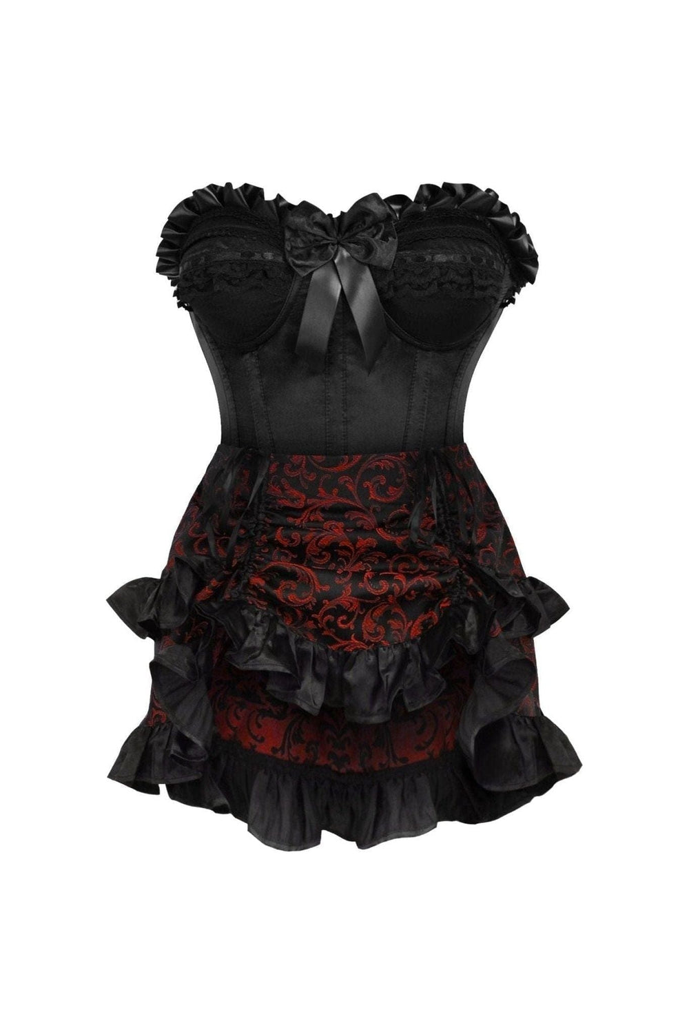Daisy Corsets Top Drawer 2 PC Black Satin Steel Boned Burlesque Corset & Gold Brocade Skirt Set - Daisy Corsets