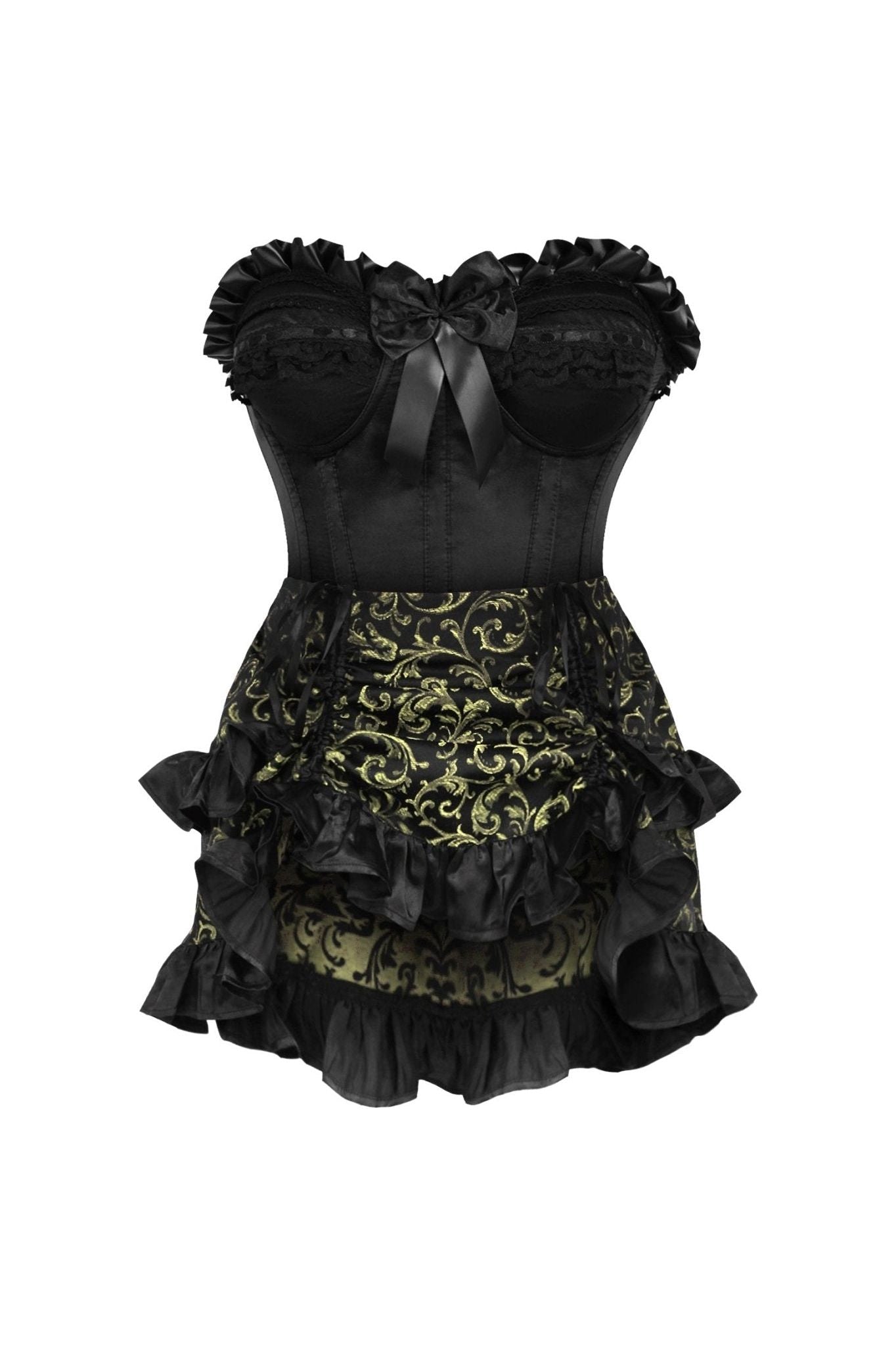Daisy Corsets Top Drawer 2 PC Black Satin Steel Boned Burlesque Corset & Gold Brocade Skirt Set