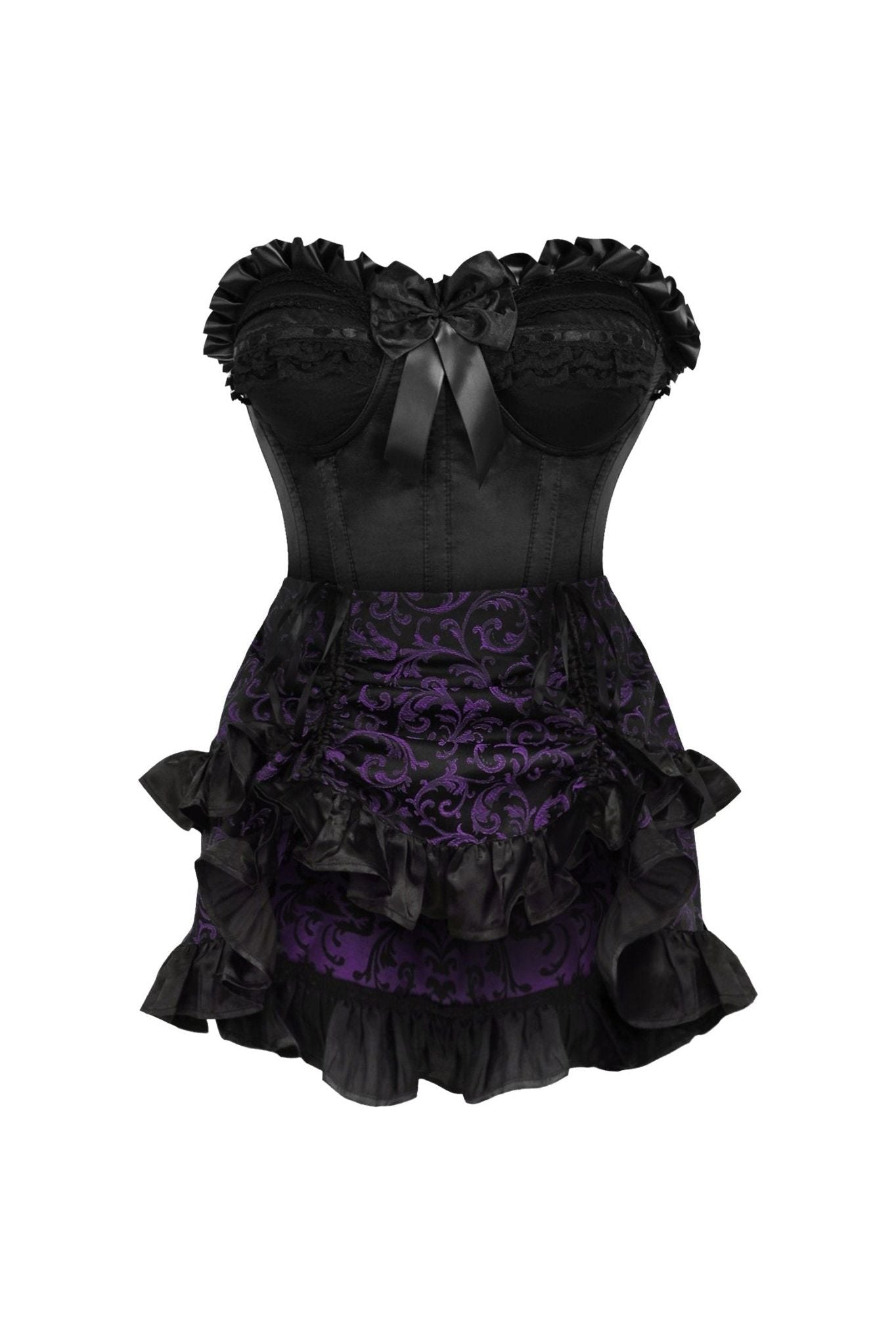 Daisy Corsets Top Drawer 2 PC Black Satin Steel Boned Burlesque Corset & Purple Brocade Skirt Set