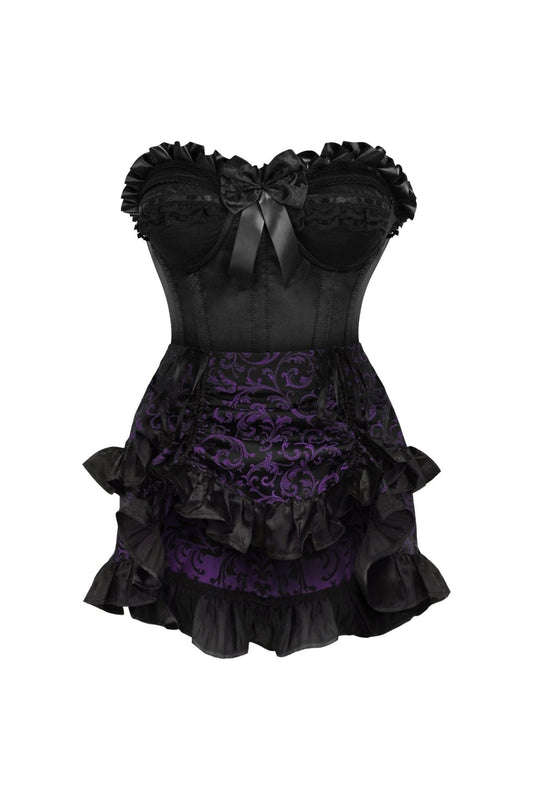 Daisy Corsets Top Drawer 2 PC Black Satin Steel Boned Burlesque Corset & Purple Brocade Skirt Set
