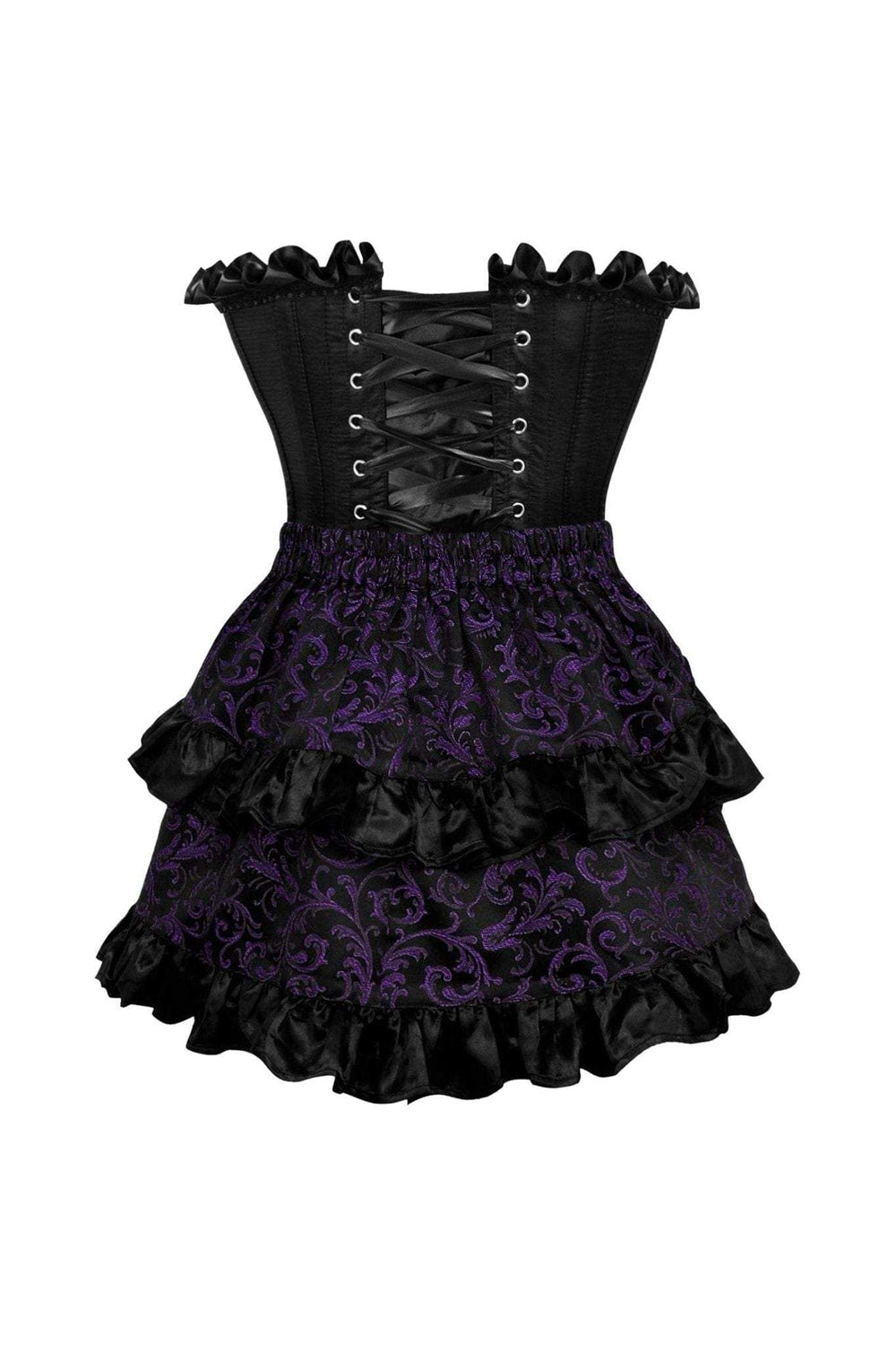 Daisy Corsets Top Drawer 2 PC Black Satin Steel Boned Burlesque Corset & Purple Brocade Skirt Set - Daisy Corsets - Flyclothing LLC