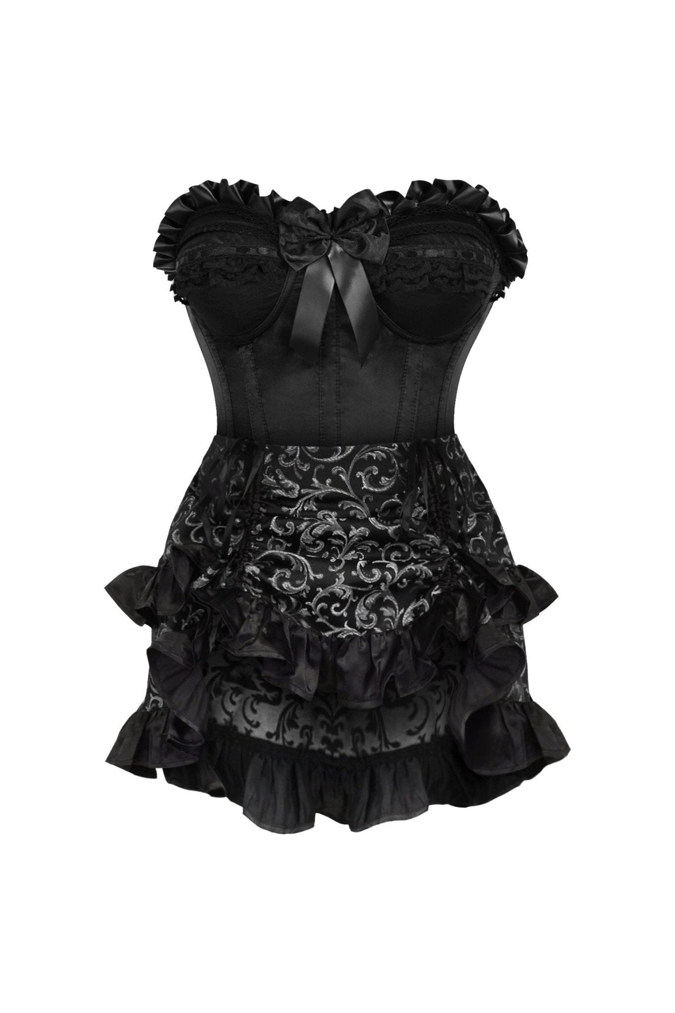 Daisy Corsets Top Drawer 2 PC Black Satin Steel Boned Burlesque Corset & Silver Brocade Skirt Set