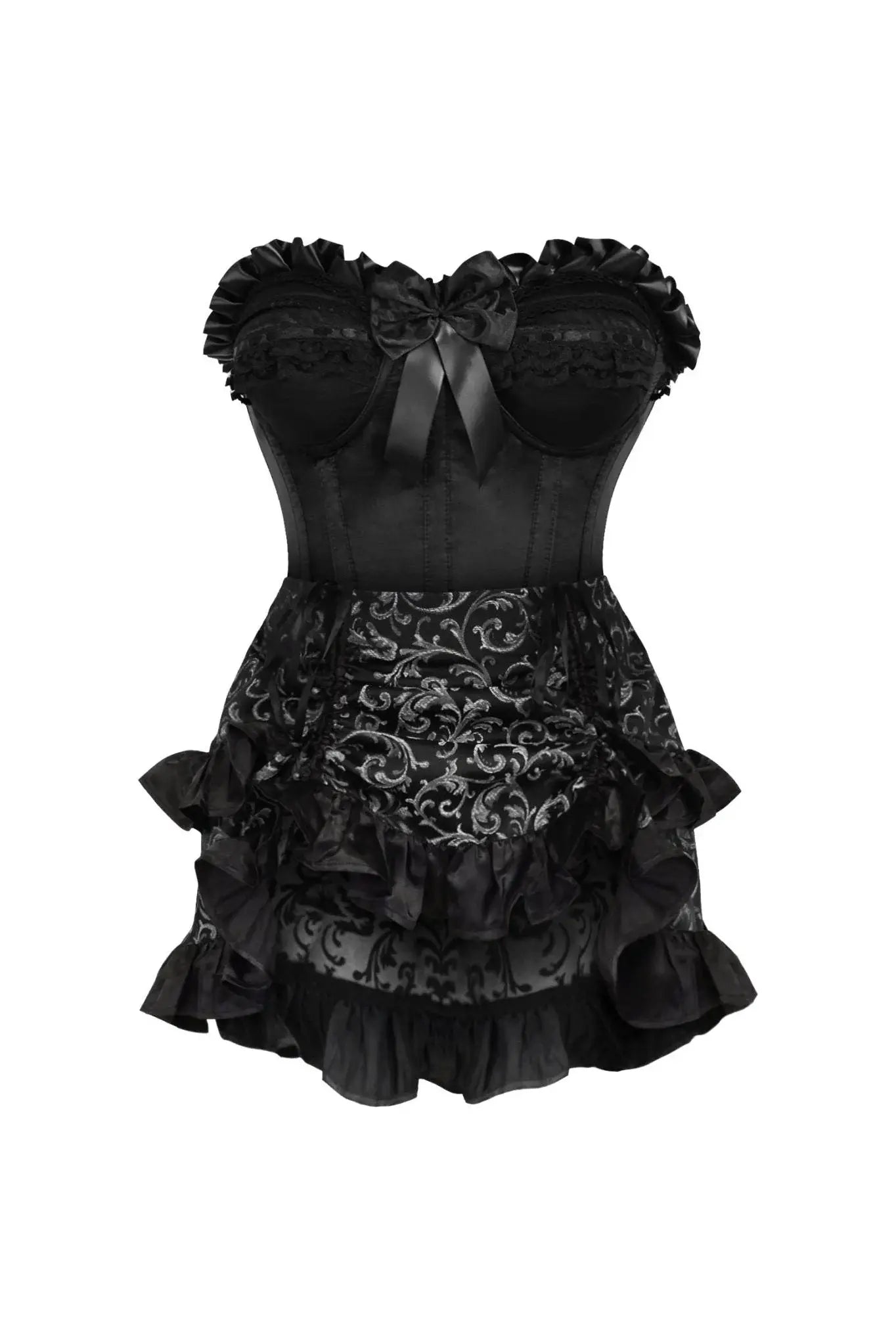 Daisy Corsets Top Drawer 2 PC Black Satin Steel Boned Burlesque Corset & Silver Brocade Skirt Set - Daisy Corsets - Flyclothing LLC