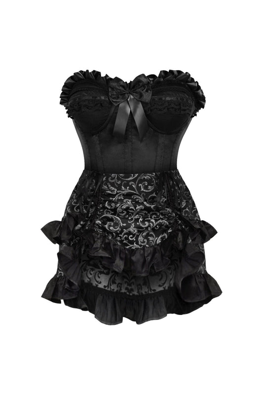 Daisy Corsets Top Drawer 2 PC Black Satin Steel Boned Burlesque Corset & Silver Brocade Skirt Set