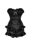 Daisy Corsets Top Drawer 2 PC Black Satin Steel Boned Burlesque Corset & Silver Brocade Skirt Set