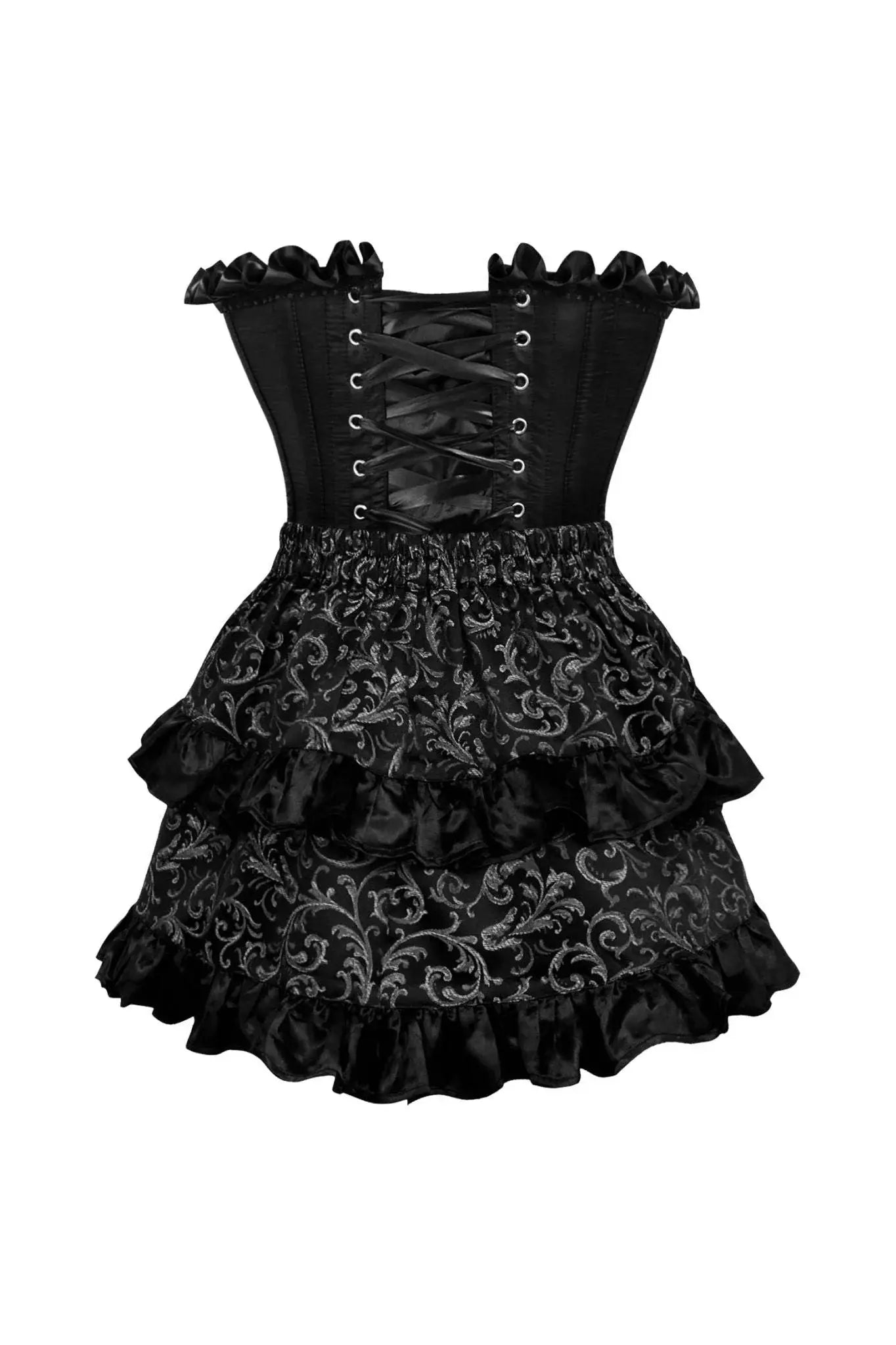 Daisy Corsets Top Drawer 2 PC Black Satin Steel Boned Burlesque Corset & Silver Brocade Skirt Set - Daisy Corsets - Flyclothing LLC