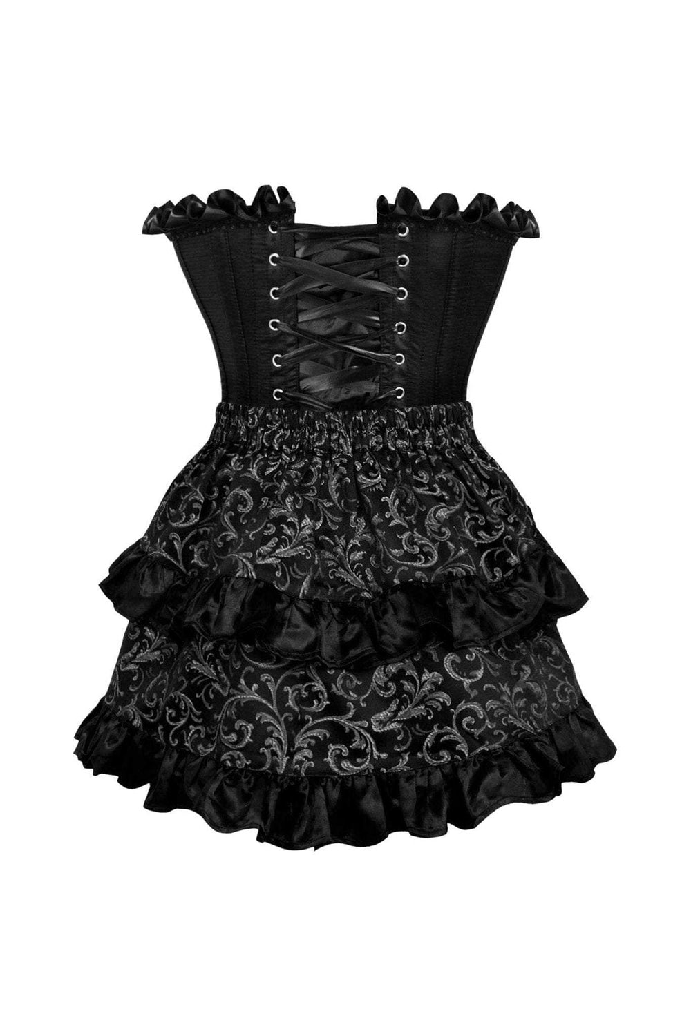 Daisy Corsets Top Drawer 2 PC Black Satin Steel Boned Burlesque Corset & Silver Brocade Skirt Set - Daisy Corsets - Flyclothing LLC