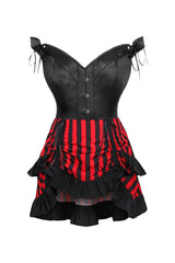 Daisy Corsets Top Drawer 2 PC Black Satin Steel Boned Corset w/Straps & Striped Skirt Set - Daisy Corsets - Flyclothing LLC