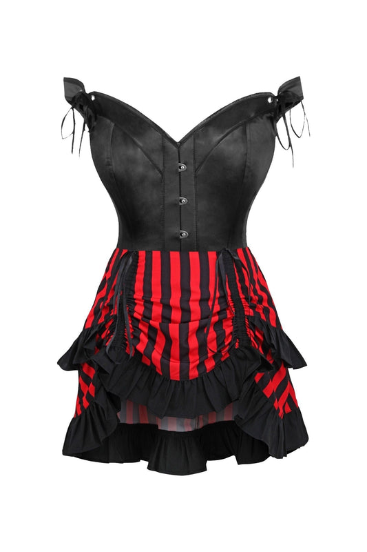 Daisy Corsets Top Drawer 2 PC Black Satin Steel Boned Corset w/Straps & Striped Skirt Set