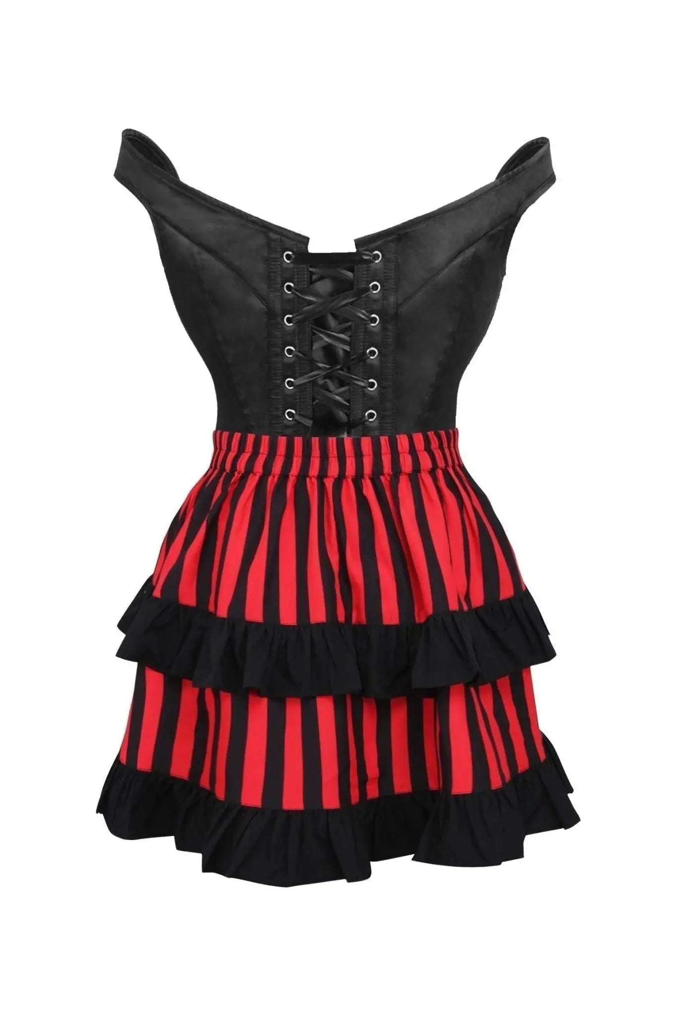 Daisy Corsets Top Drawer 2 PC Black Satin Steel Boned Corset w/Straps & Striped Skirt Set - Daisy Corsets - Flyclothing LLC