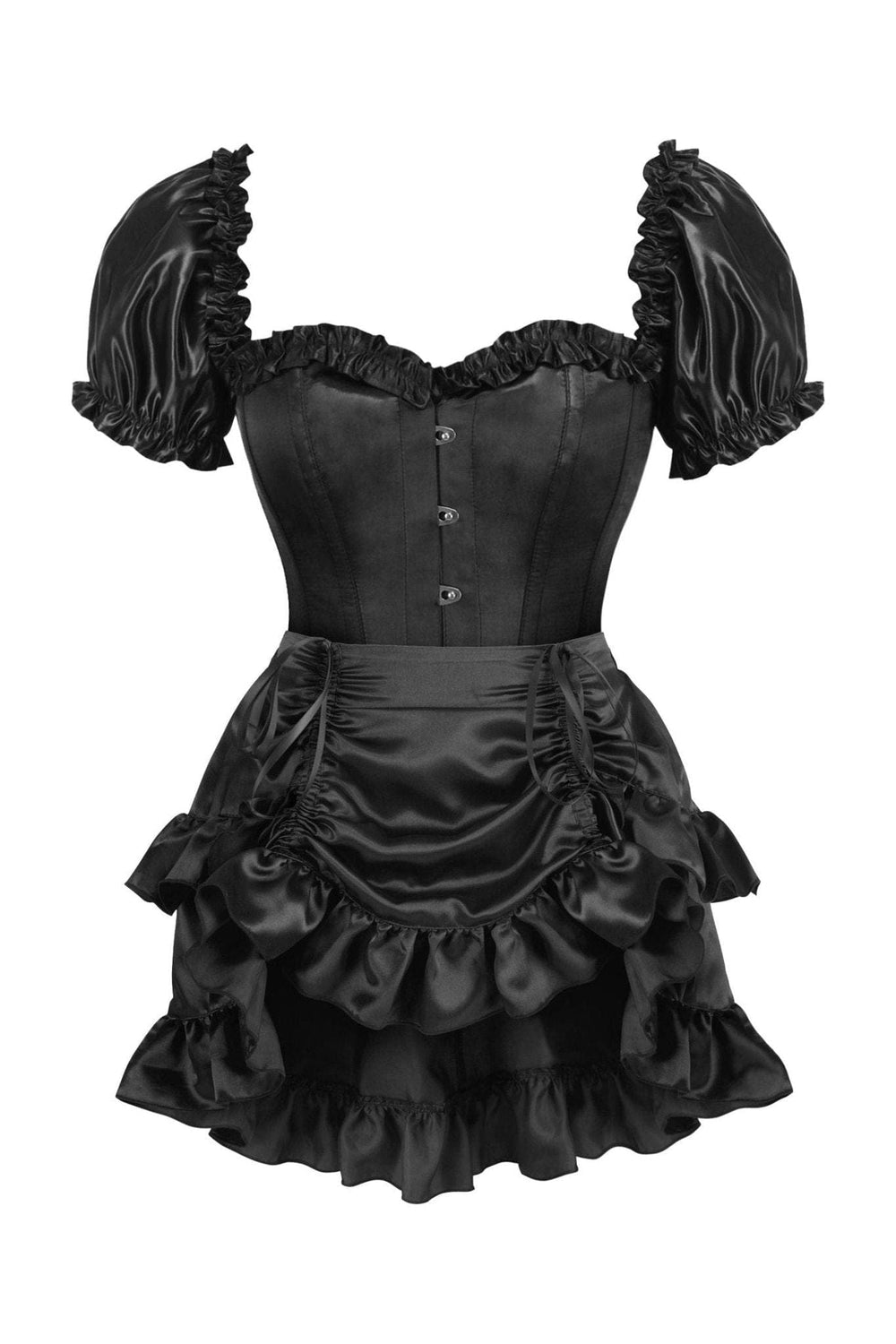 Daisy Corsets Top Drawer 2 PC Black Satin Steel Boned Overbust Corset w/Sleeves & Satin Skirt Set - Daisy Corsets