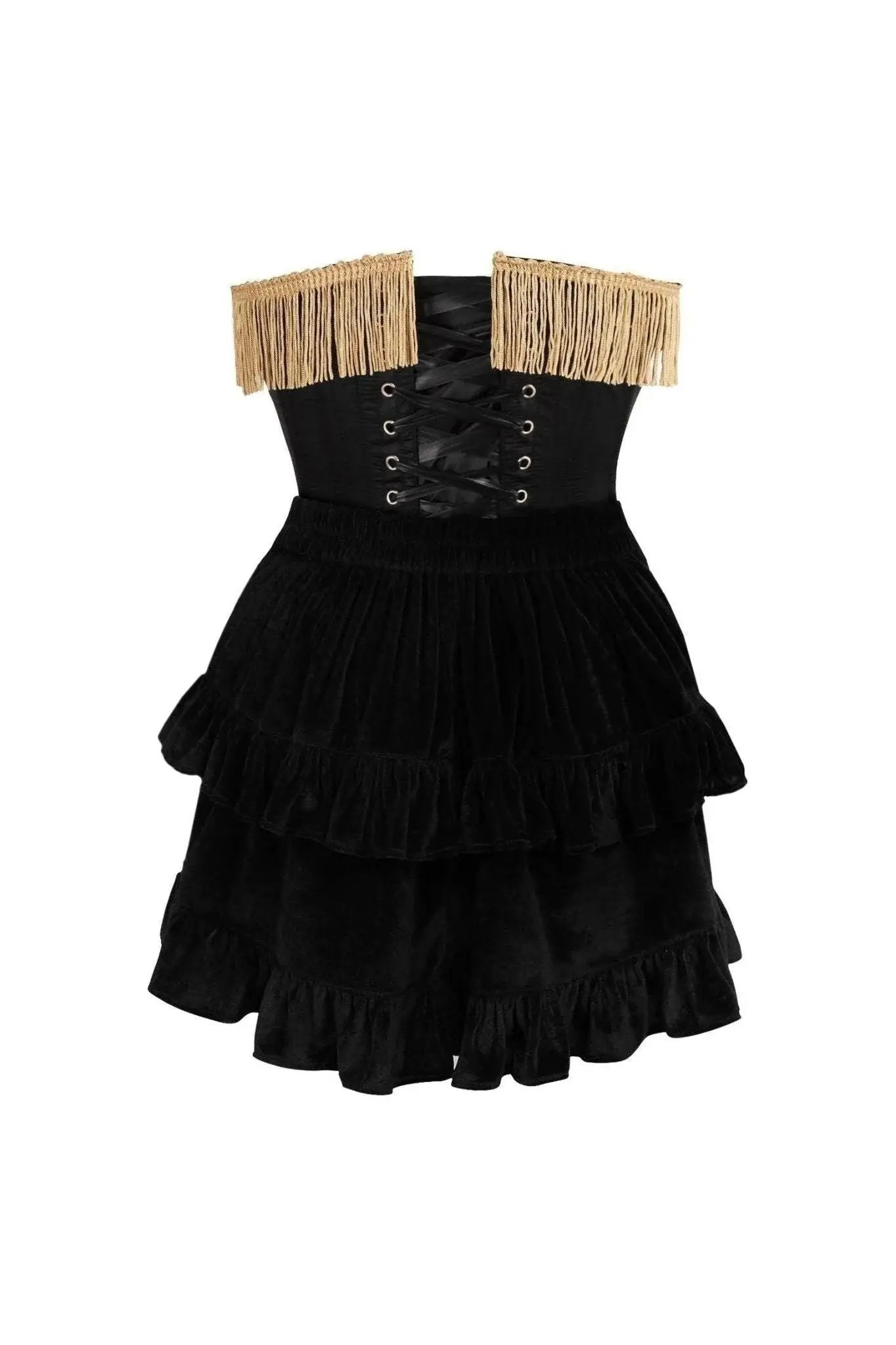 Daisy Corsets Top Drawer 2 PC Burlesque Black & Dark Red Steel Boned Corset w/Gold Fringe & Skirt Set - Daisy Corsets - Flyclothing LLC