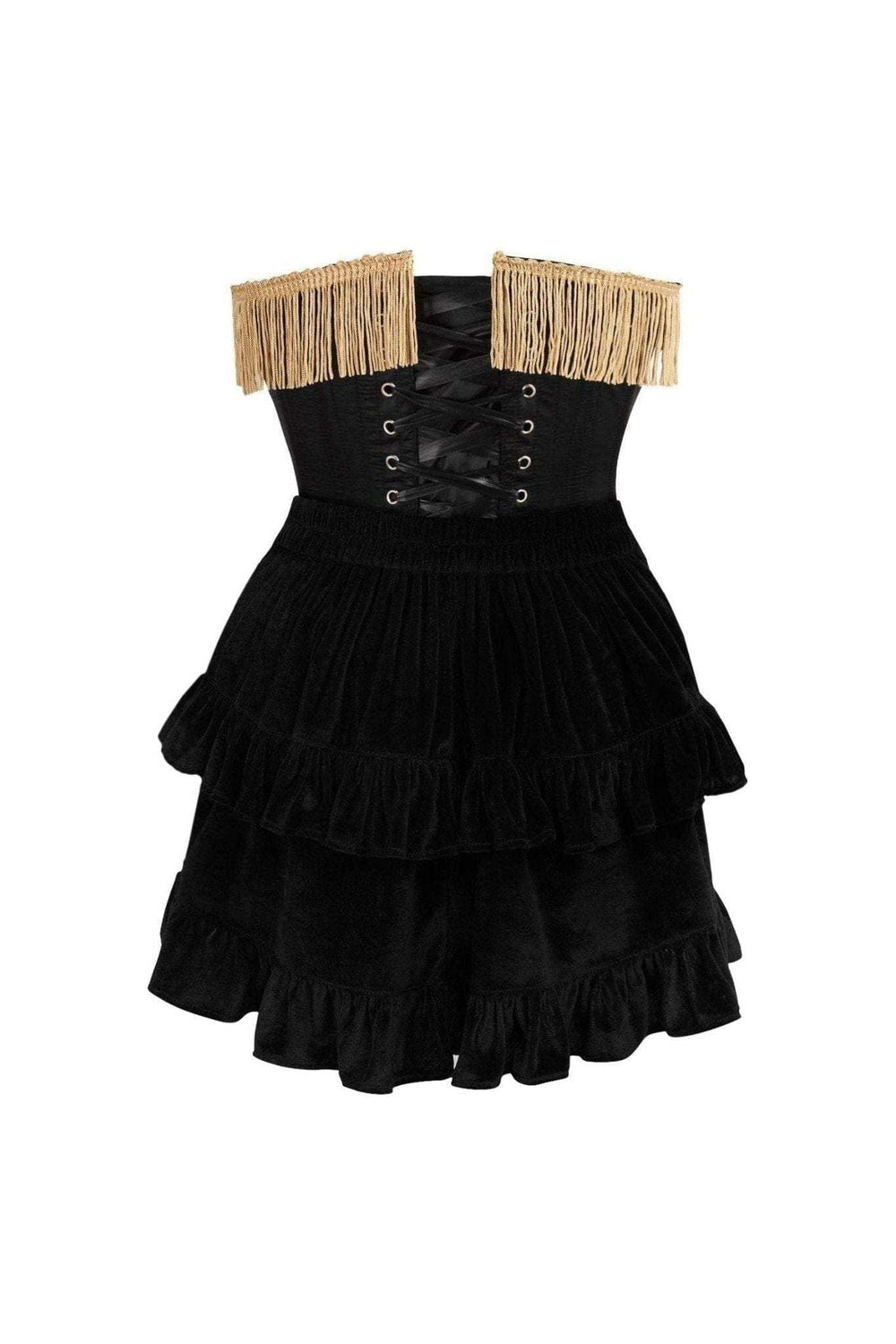 Daisy Corsets Top Drawer 2 PC Burlesque Black & Dark Red Steel Boned Corset w/Gold Fringe & Skirt Set - Daisy Corsets - Flyclothing LLC