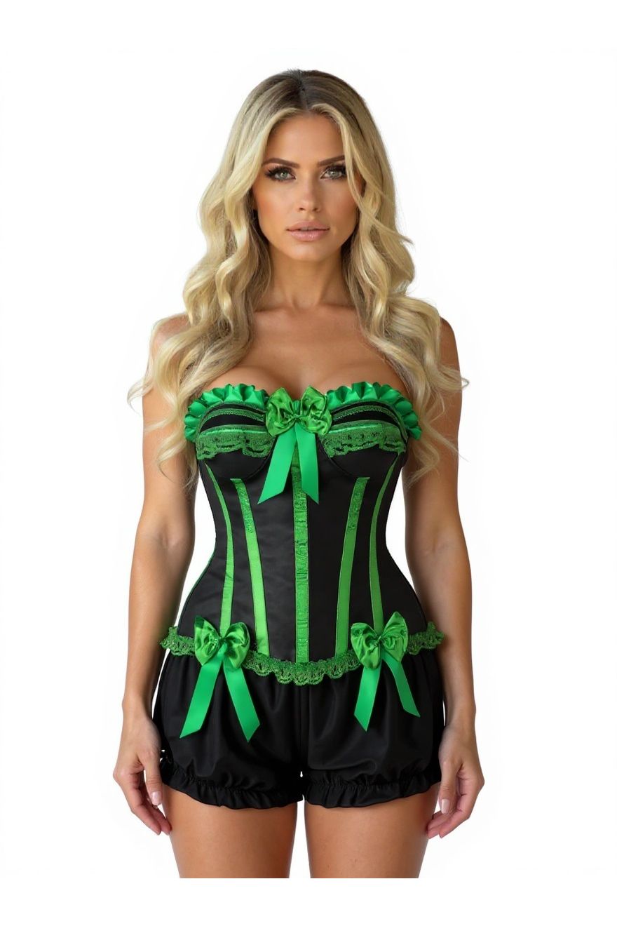 Daisy Corsets Top Drawer 2 PC Green/Black Burlesque Steel Boned Corset & Bloomer Set - Daisy Corsets