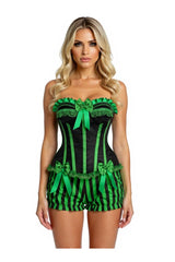 Daisy Corsets Top Drawer 2 PC Green/Black Striped Burlesque Steel Boned Corset & Bloomer Set - Daisy Corsets