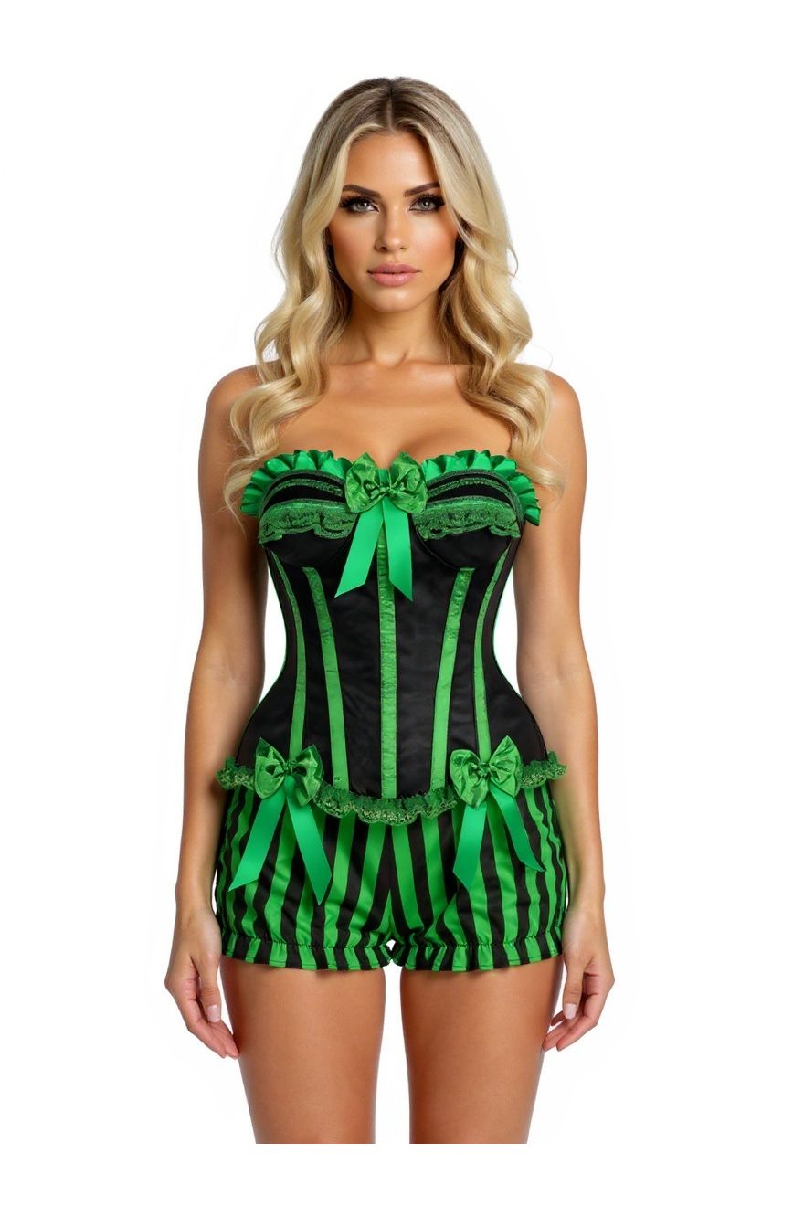 Daisy Corsets Top Drawer 2 PC Green/Black Striped Burlesque Steel Boned Corset & Bloomer Set - Daisy Corsets