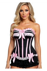 Daisy Corsets Top Drawer 2 PC Pink/Black Burlesque Steel Boned Corset & Bloomer Set - Daisy Corsets