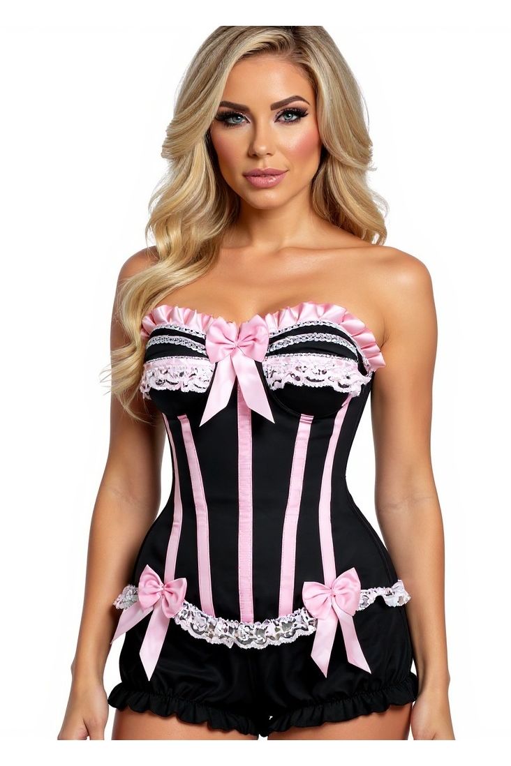 Daisy Corsets Top Drawer 2 PC Pink/Black Burlesque Steel Boned Corset & Bloomer Set - Daisy Corsets