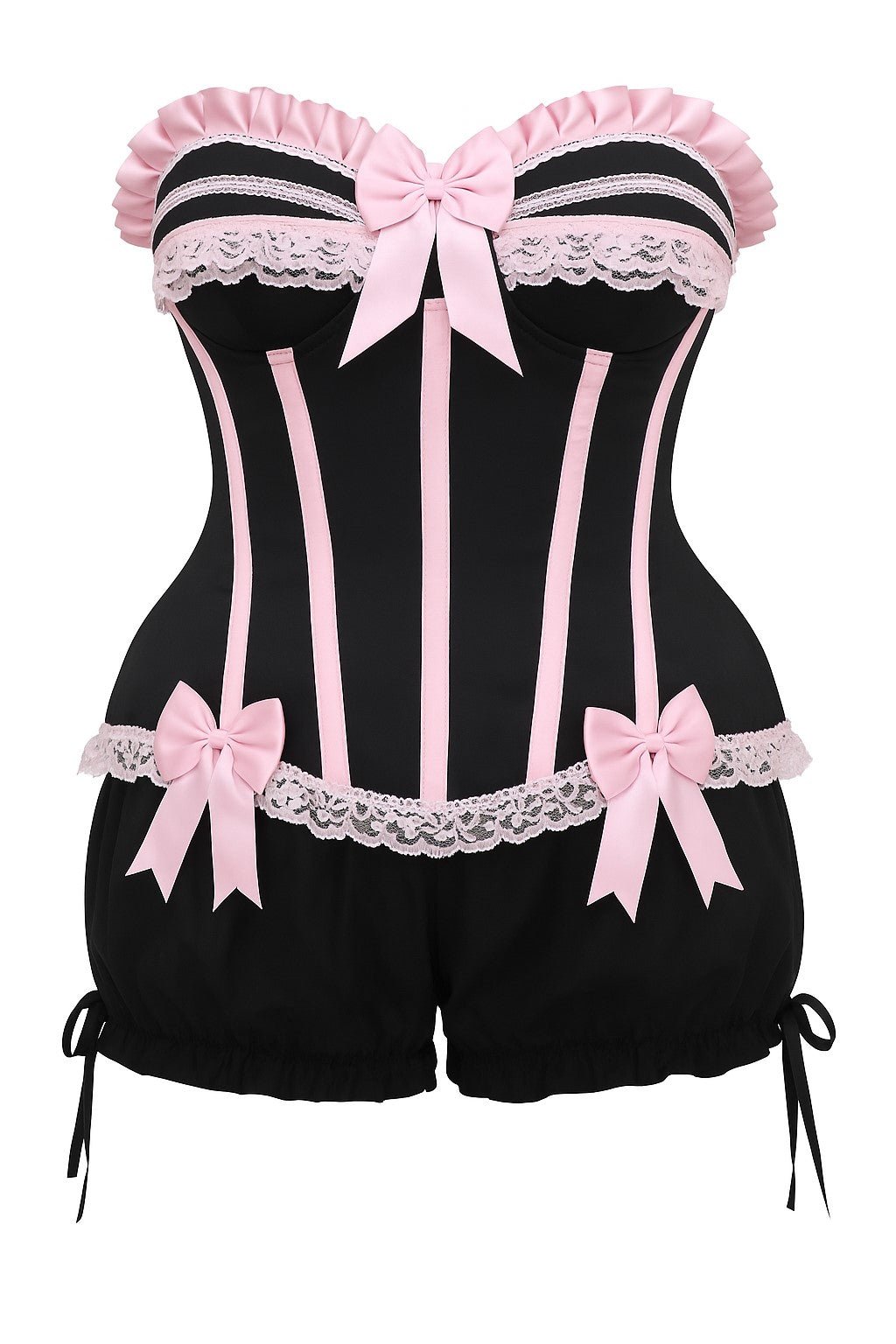 Daisy Corsets Top Drawer 2 PC Pink/Black Burlesque Steel Boned Corset & Bloomer Set - Daisy Corsets