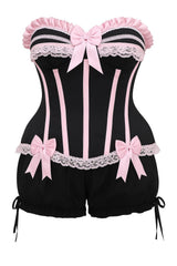 Daisy Corsets Top Drawer 2 PC Pink/Black Burlesque Steel Boned Corset & Bloomer Set - Daisy Corsets