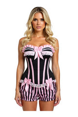 Daisy Corsets Top Drawer 2 PC Pink/Black Striped Burlesque Steel Boned Corset & Bloomer Set - Daisy Corsets