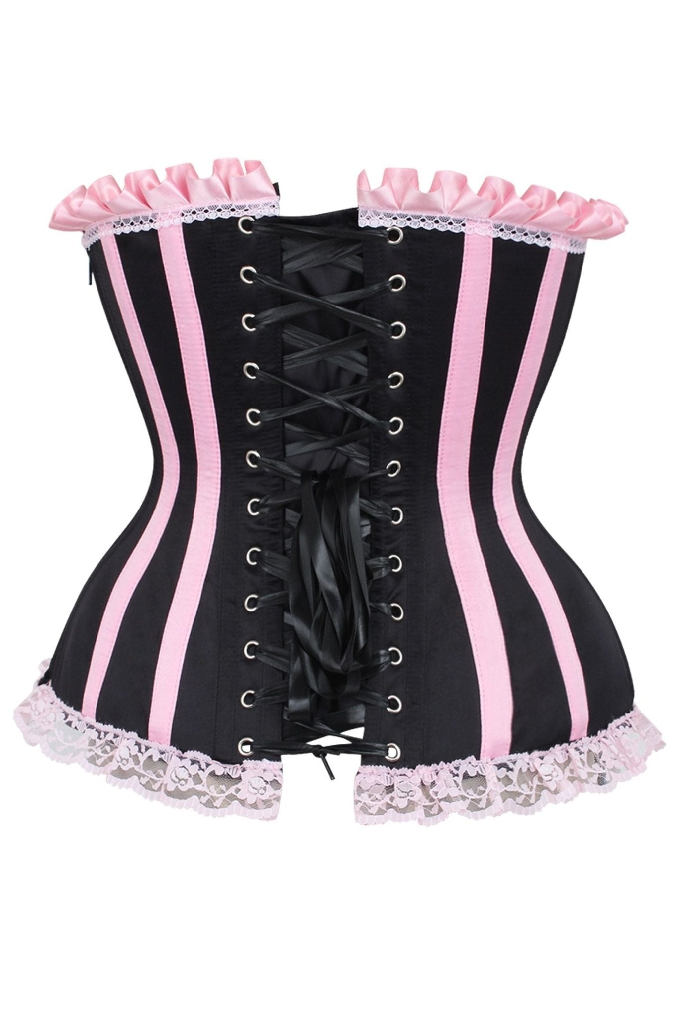 Daisy Corsets Top Drawer 2 PC Pink/Black Striped Burlesque Steel Boned Corset & Bloomer Set - Daisy Corsets