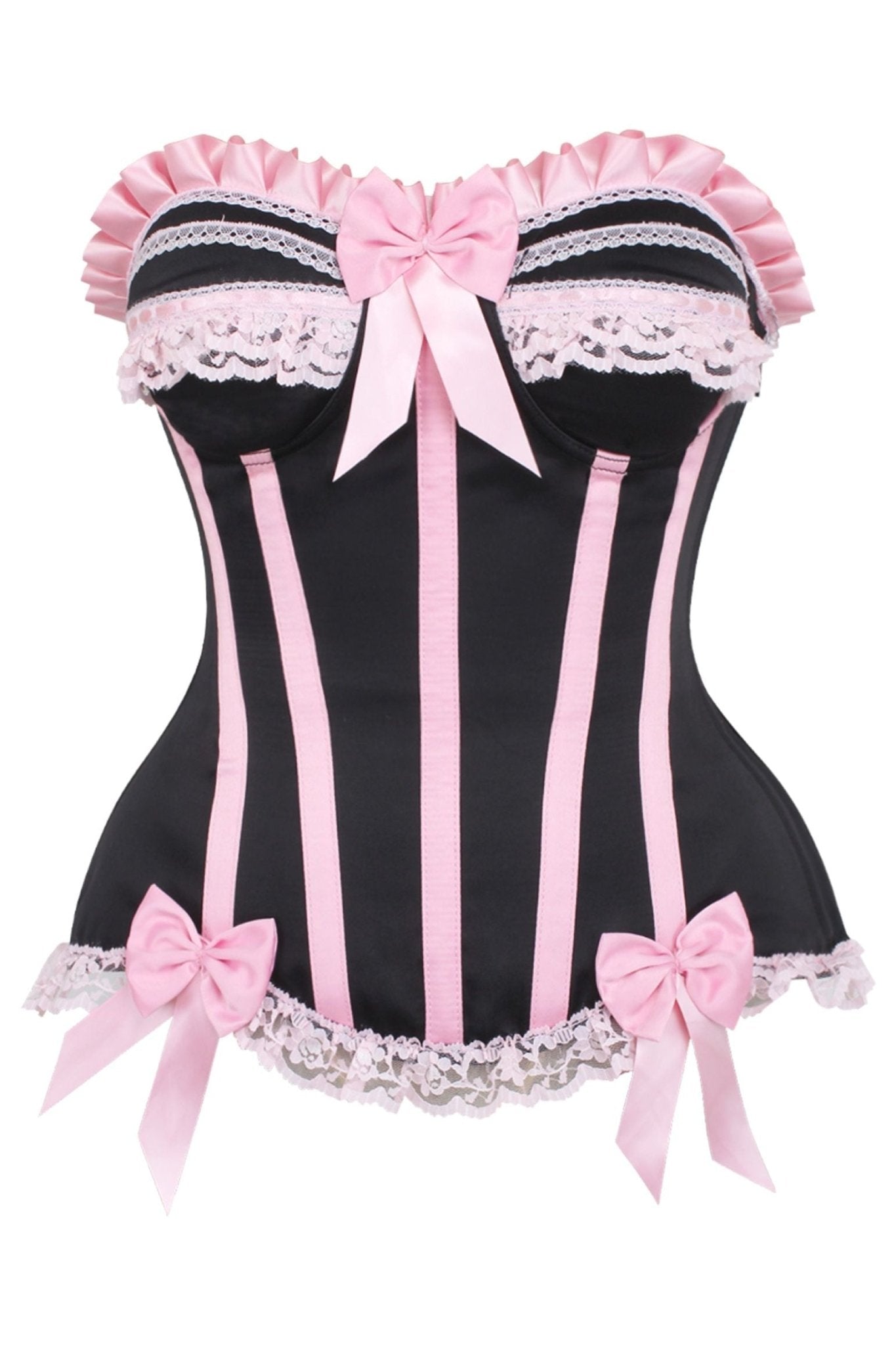 Daisy Corsets Top Drawer 2 PC Pink/Black Striped Burlesque Steel Boned Corset & Bloomer Set - Daisy Corsets