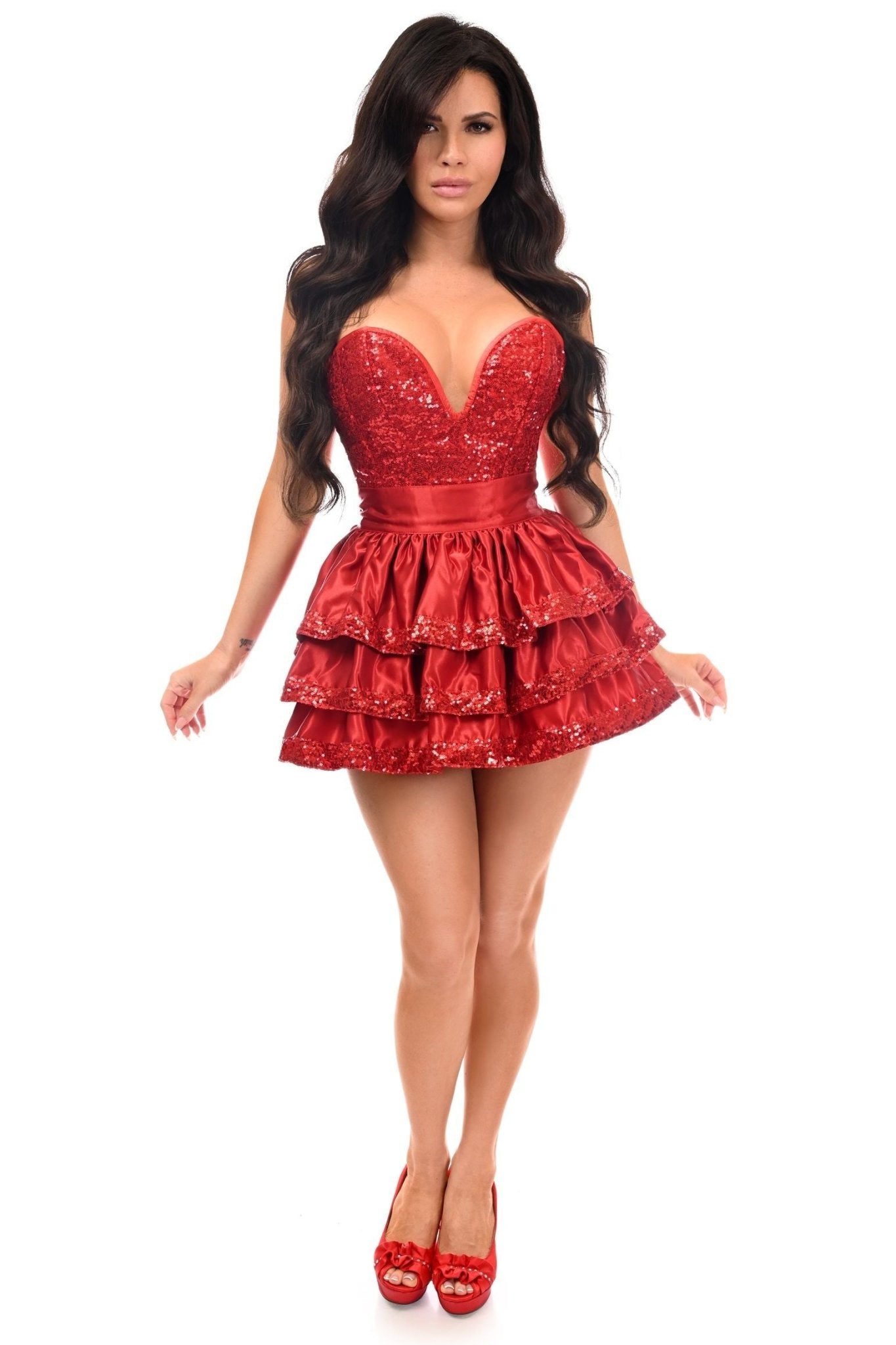 Daisy Corsets Top Drawer 2 PC Red Sequin Steel Boned Corset & Skirt Set - Daisy Corsets