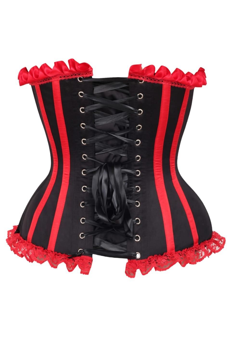 Daisy Corsets Top Drawer 2 PC Red/Black Striped Burlesque Steel Boned Corset & Bloomer Set - Daisy Corsets
