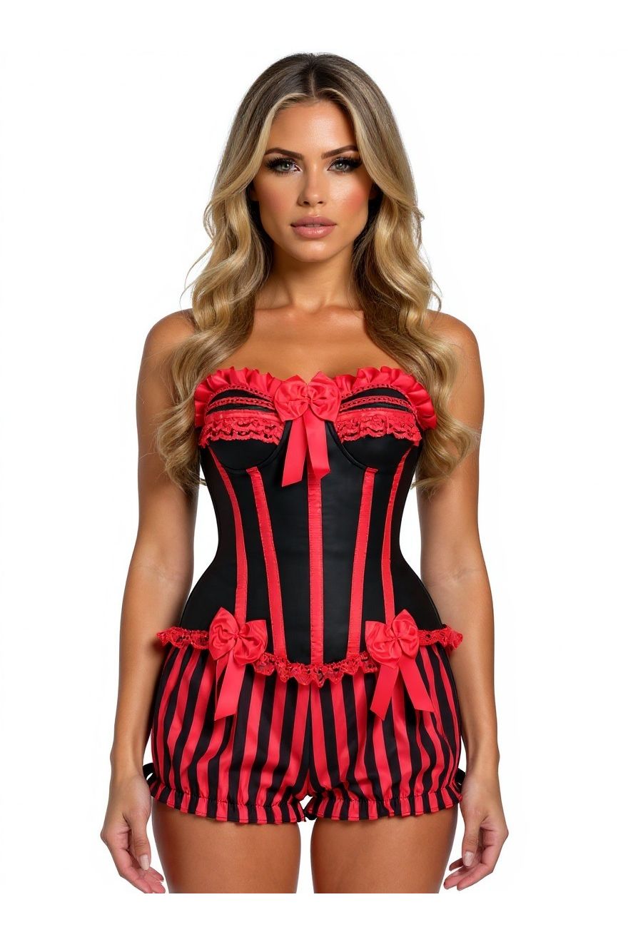 Daisy Corsets Top Drawer 2 PC Red/Black Striped Burlesque Steel Boned Corset & Bloomer Set - Daisy Corsets