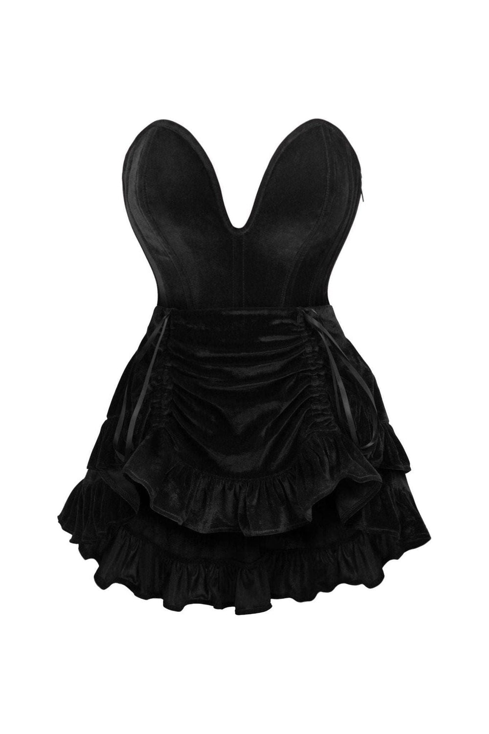 Daisy Corsets Top Drawer 2 PC Steel Boned Black Velvet Plunge Corset & Skirt Set - Daisy Corsets