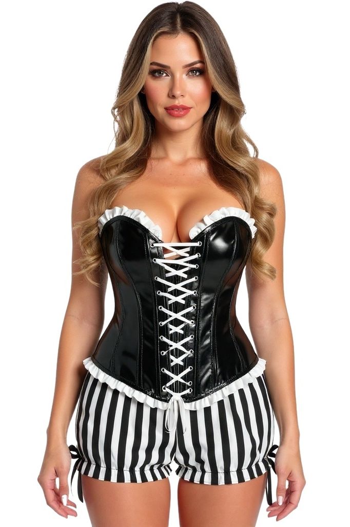 Daisy Corsets Top Drawer 2 PC Steel Boned Black Vinyl Patent Corset & Striped Bloomers Set - Daisy Corsets