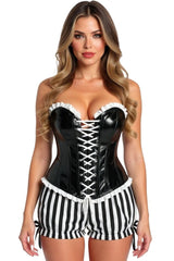 Daisy Corsets Top Drawer 2 PC Steel Boned Black Vinyl Patent Corset & Striped Bloomers Set - Daisy Corsets