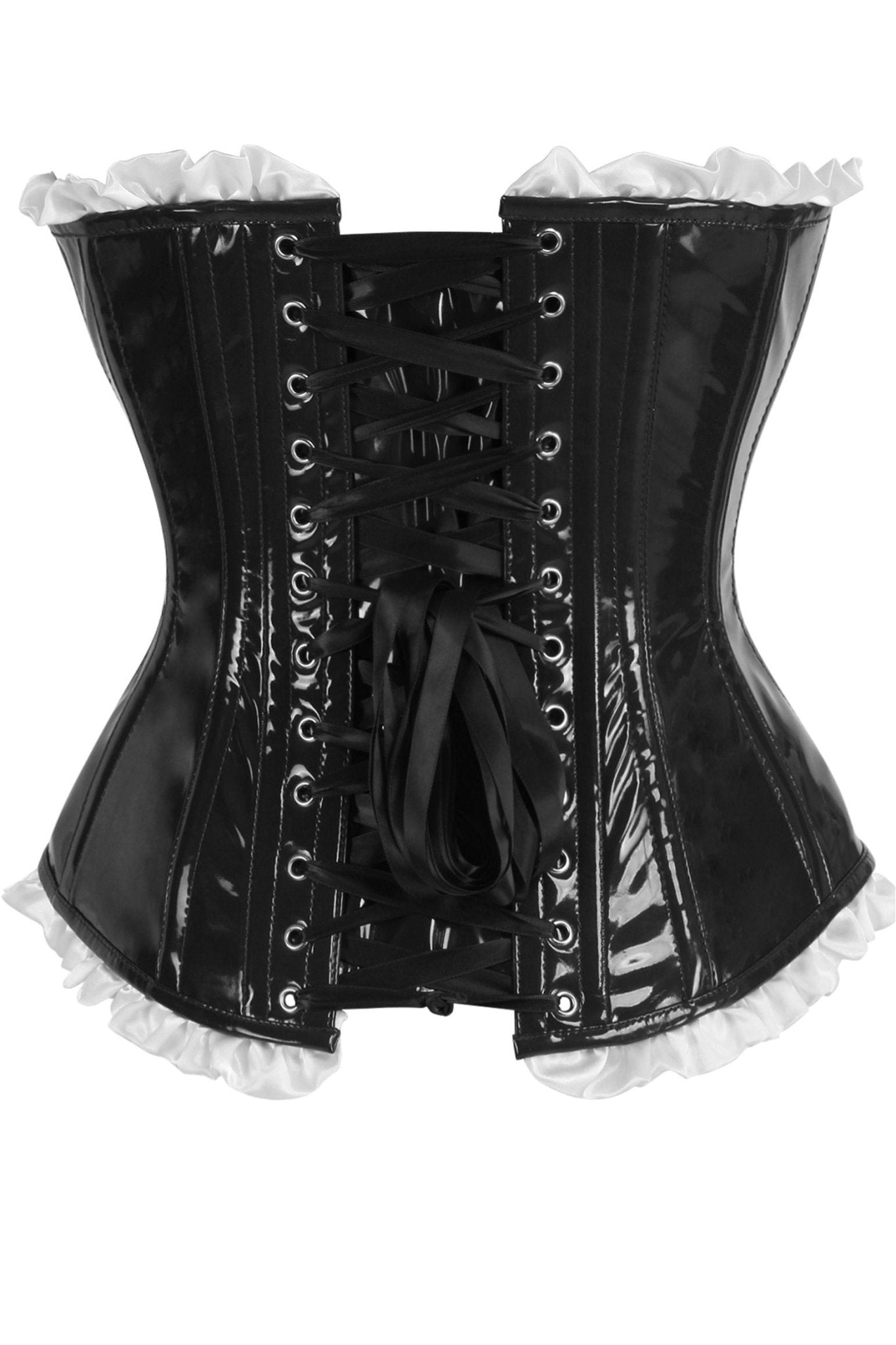 Daisy Corsets Top Drawer 2 PC Steel Boned Black Vinyl Patent Corset & Striped Bloomers Set - Daisy Corsets